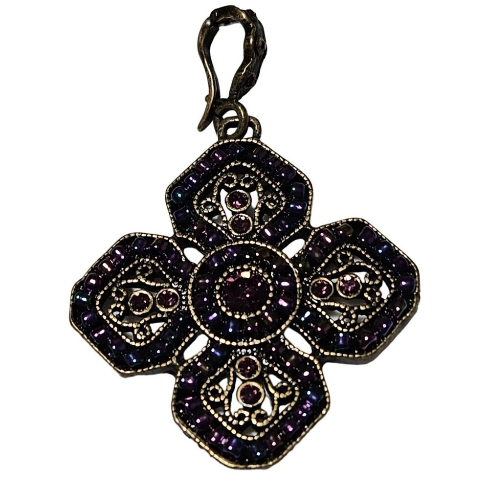 Vintage Premier Designs Floral Medallion Pendant Art Deco Purple Rhinestone